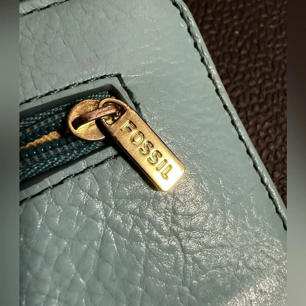 Fossil Teal Leather Wallet with Gold Details